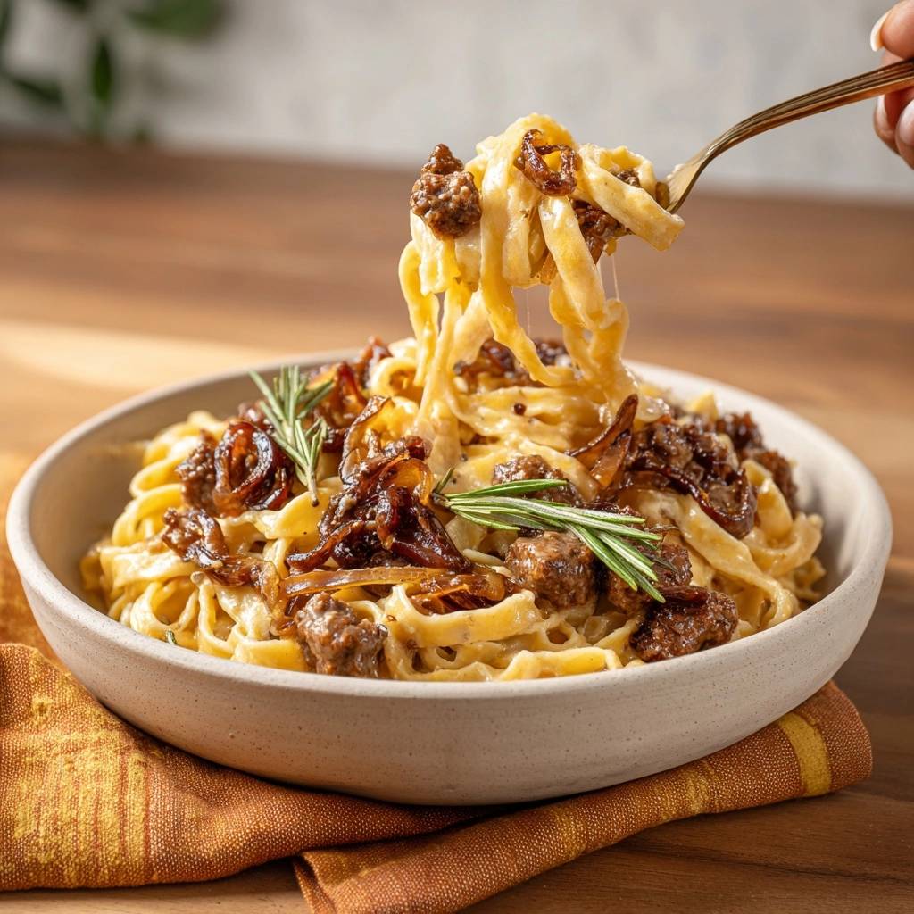 Creamy beef and caramelized onion pappardelle being lifted from a bowl with a fork, showcasing the rich sauce and tender pasta.