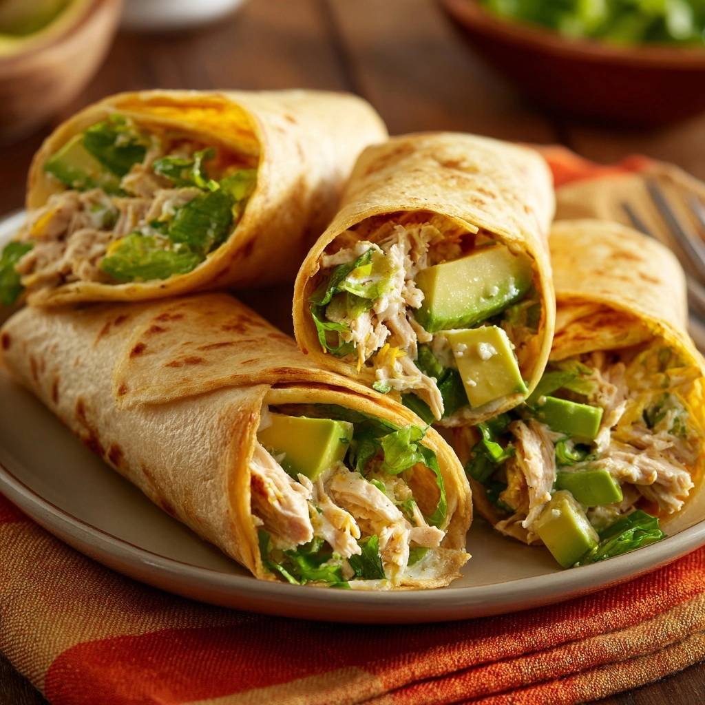 Creamy chicken avocado wraps are shown in a close-up cross-section revealing tender chicken, fresh lettuce, and creamy avocado chunks.