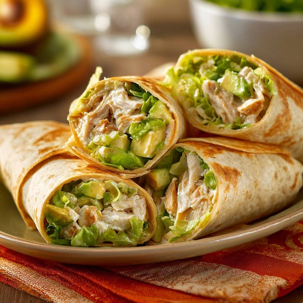 Creamy chicken avocado wraps shown in a close-up cross-section pile on a plate.