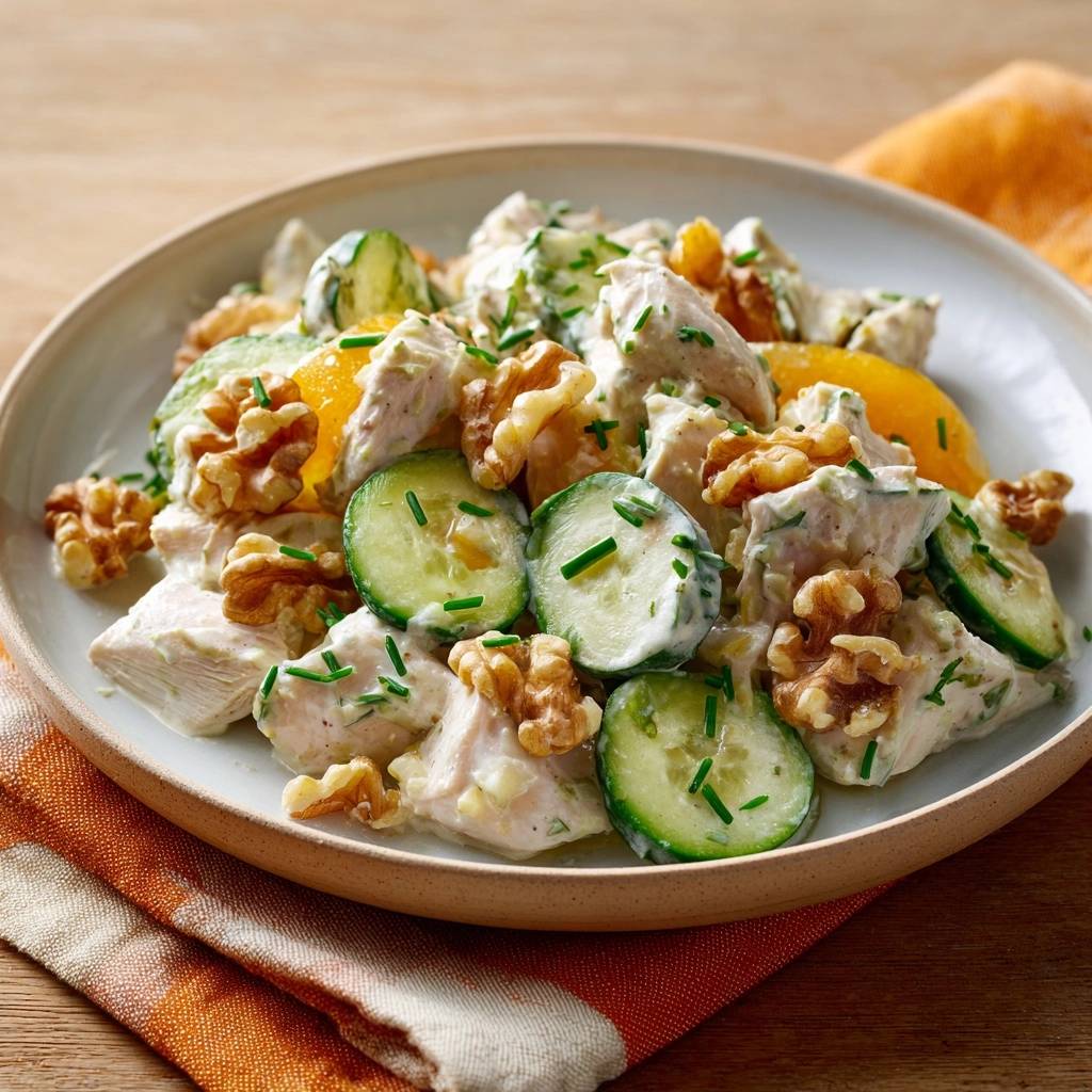 Creamy chicken cucumber orange walnut salad served in a bowl with a close-up view of the ingredients.