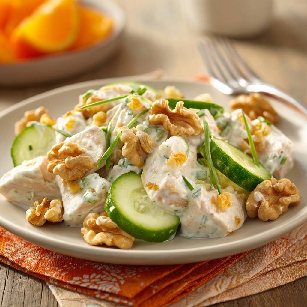 Creamy chicken cucumber orange walnut salad served on a plate with walnuts and cucumber slices.