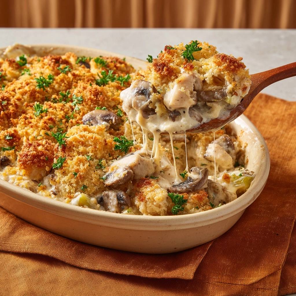 Creamy chicken mushroom pasta bake with crispy topping, a wooden spoon lifting a cheesy serving from the dish.