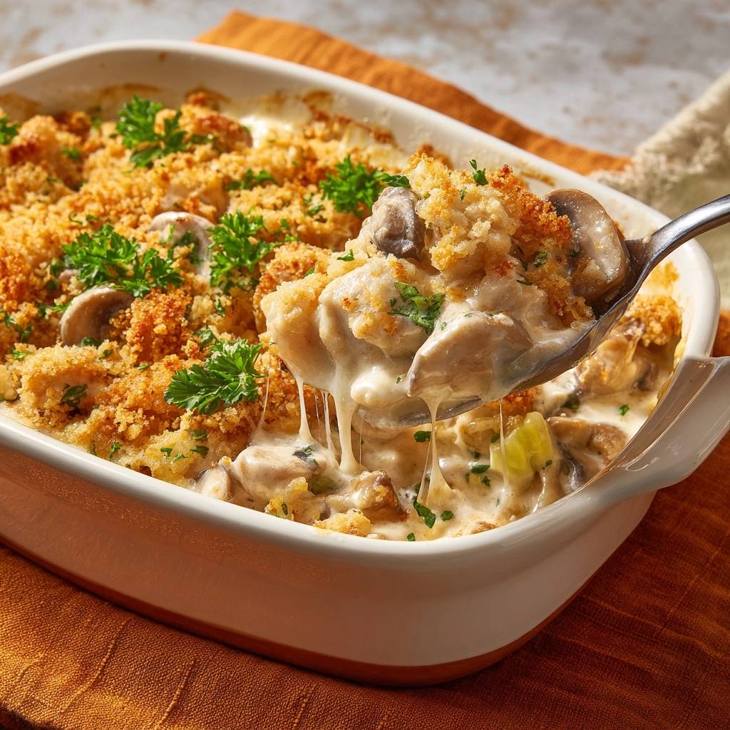 Creamy chicken mushroom pasta bake with a spoonful being lifted, showing melted cheese and a crispy topping.