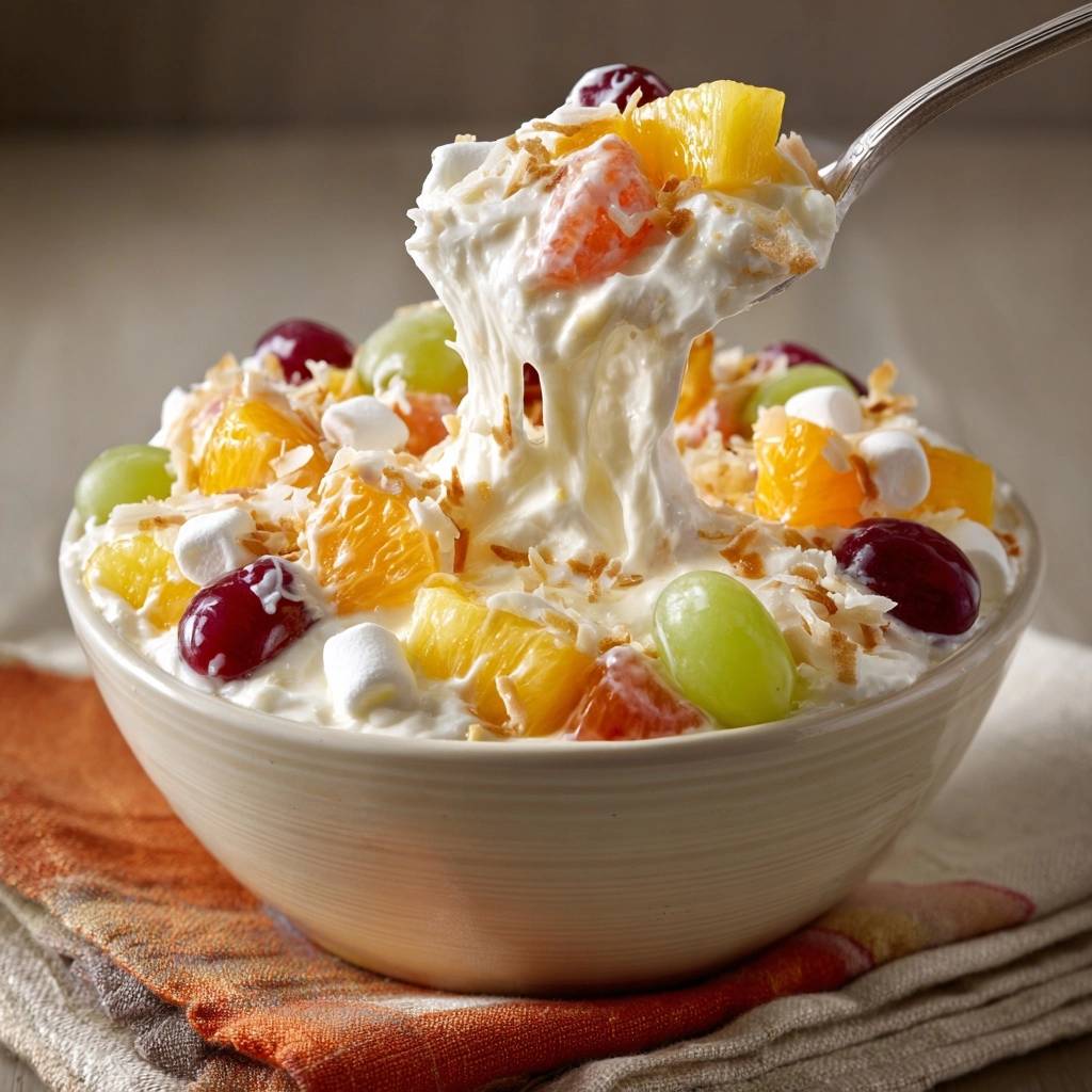 Creamy coconut fruit fluff being lifted with a spoonful, showcasing its fluffy texture and colorful fruit pieces.