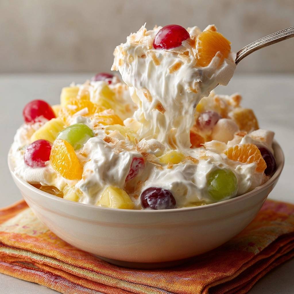Creamy Coconut Fruit Fluff with a spoonful being lifted to show its fluffy texture and mixed fruit.