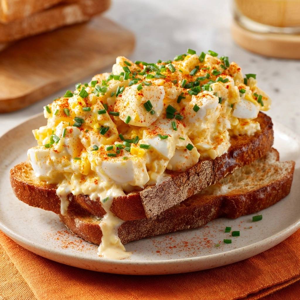 Creamy egg salad toast with a generous serving piled high on toasted bread, garnished with chives and paprika.