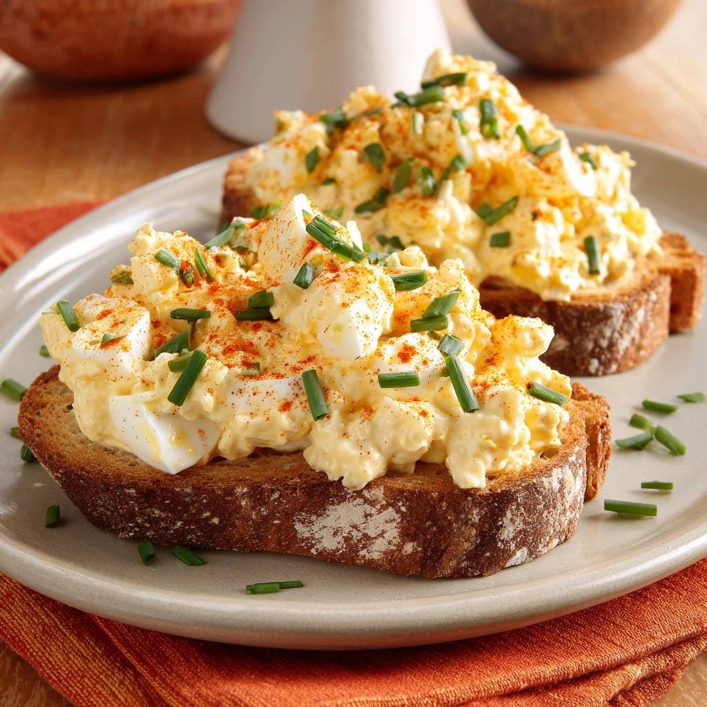Creamy egg salad toast with peel-in-seconds eggs, presented plated with two servings and garnished with chives.