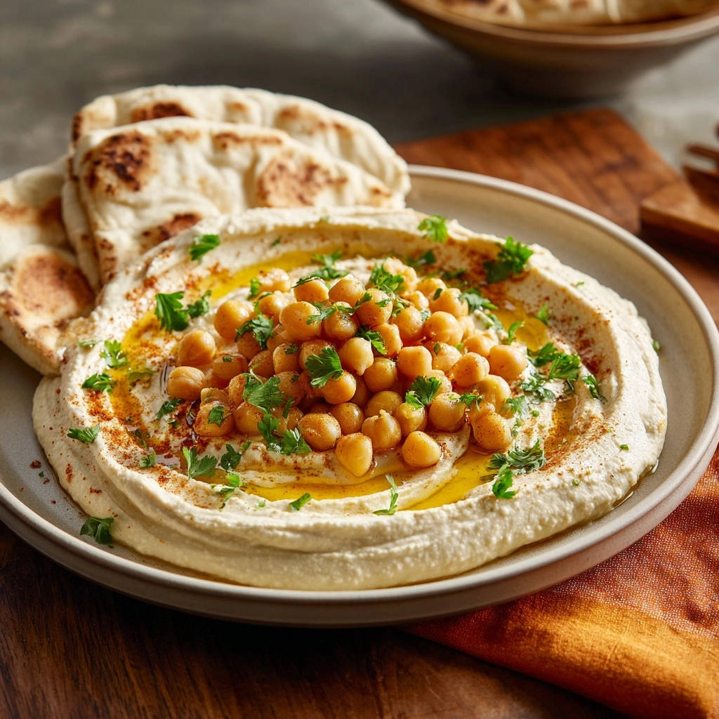 Creamy homemade hummus topped with whole chickpeas, fresh parsley, and a drizzle of olive oil.