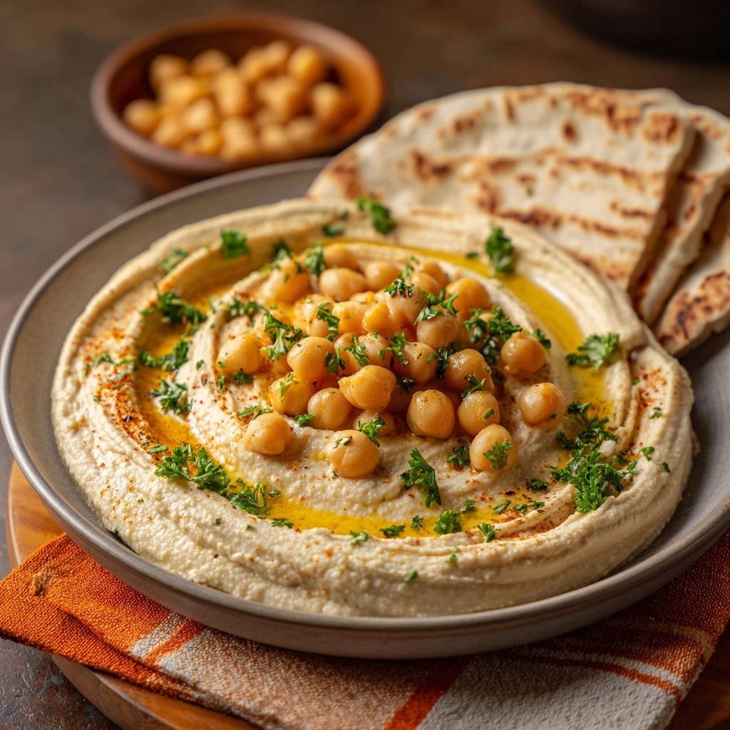 Creamy homemade hummus topped with whole chickpeas, fresh parsley, paprika, and olive oil, served with pita bread.