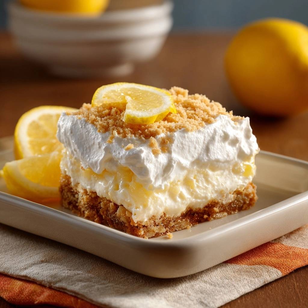 Creamy lemon lush bars with crisp no-sog crust shown in a close-up cross-section revealing layers.