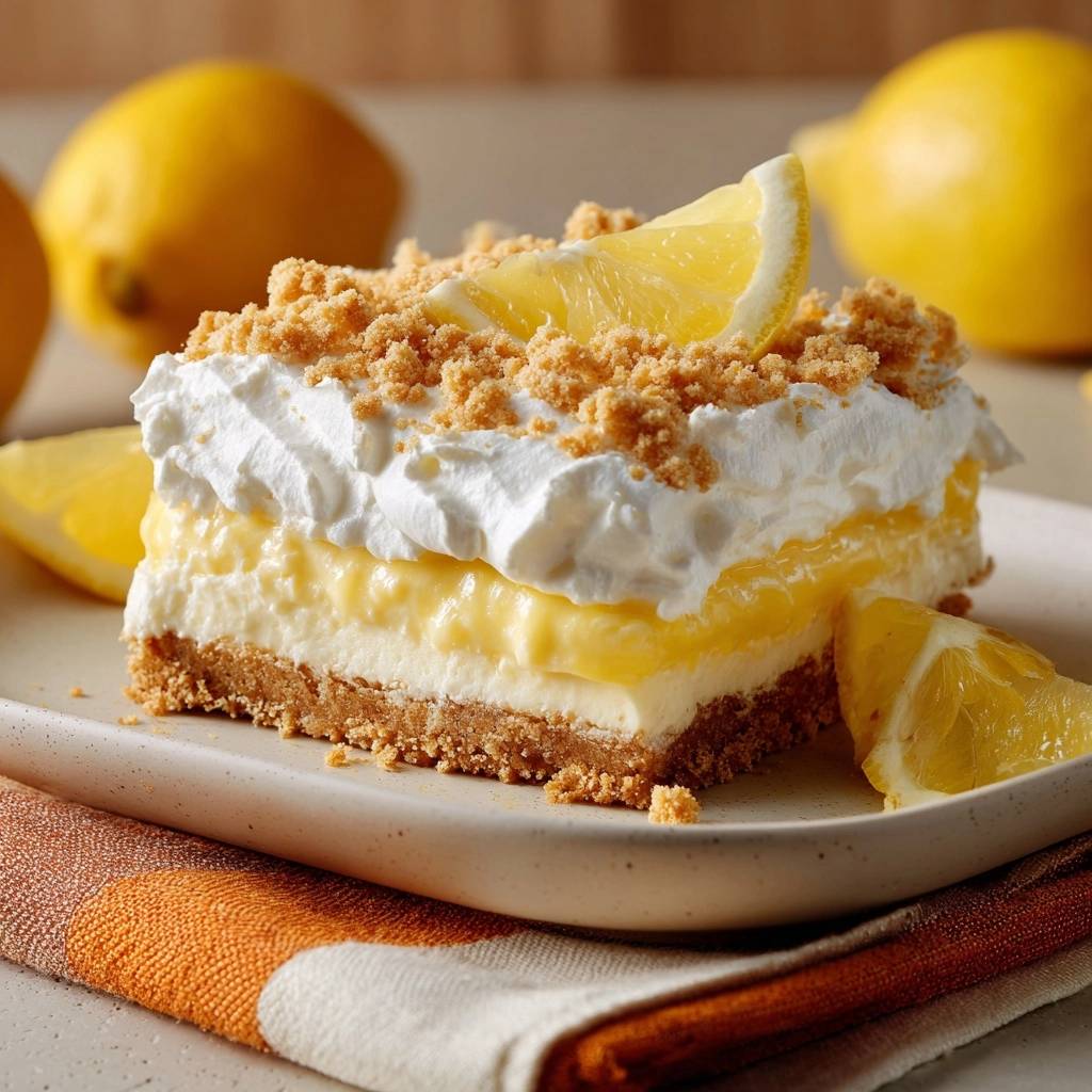Creamy lemon lush bars with crisp no-sog crust shown in a close-up cross-section on a plate.