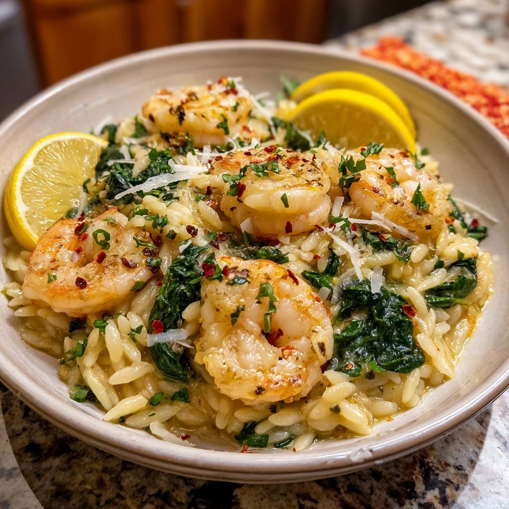 Creamy lemon shrimp orzo with spinach served in a bowl and garnished with lemon slices and parsley.
