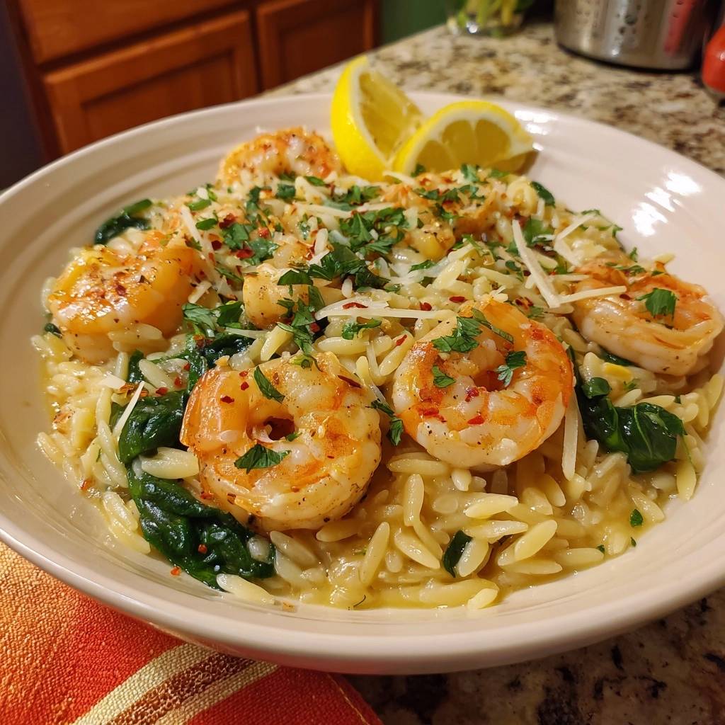 Creamy lemon shrimp orzo with spinach, a close-up view of a garnished bowl with lemon wedges.