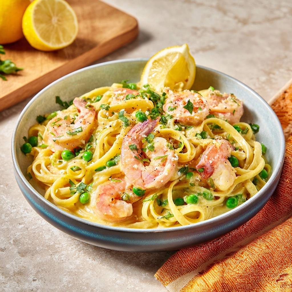 Creamy lemon shrimp pasta with peas in a bowl, garnished with fresh parsley and a lemon wedge.