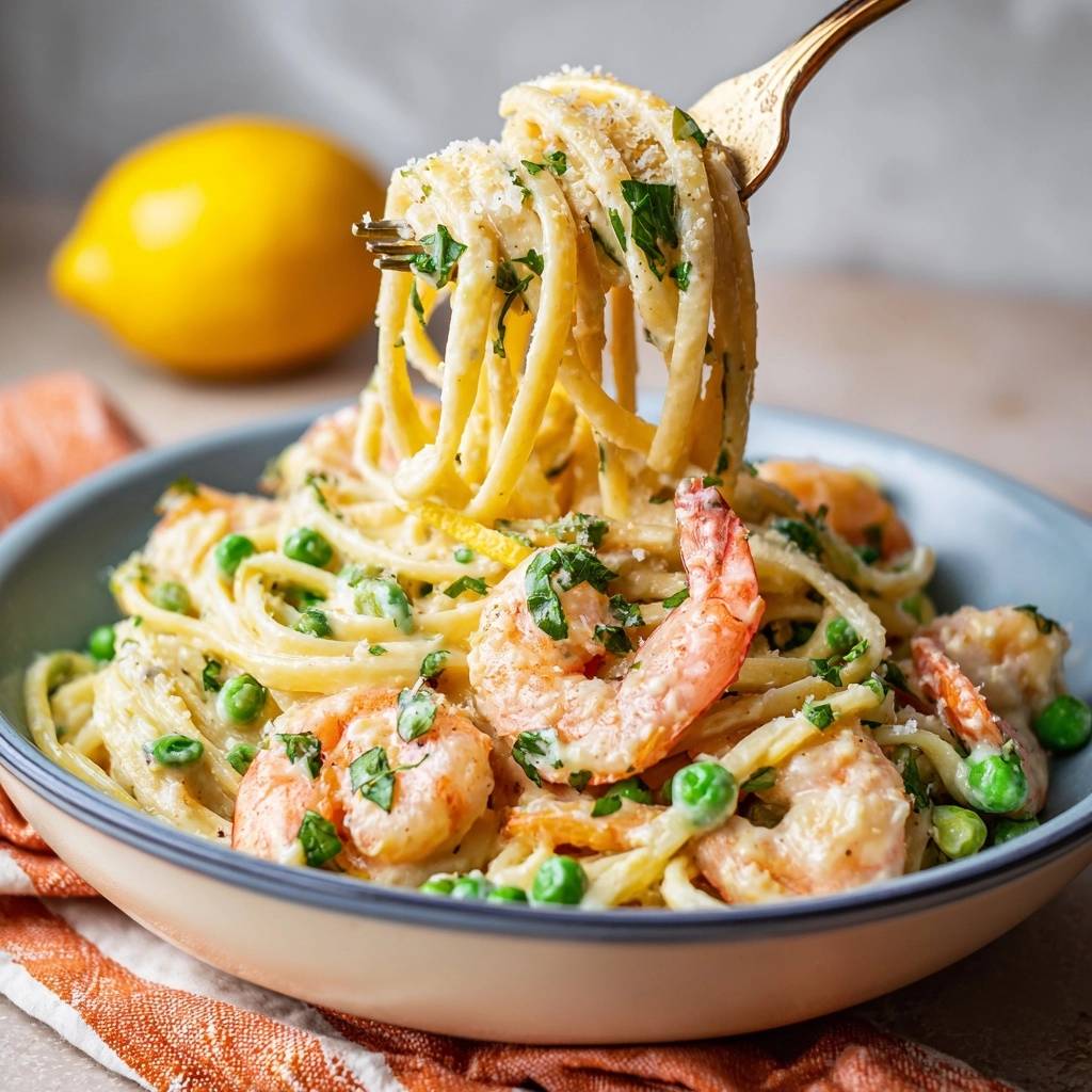Creamy lemon shrimp pasta with peas, with a forkful being lifted to show the texture and ingredients.