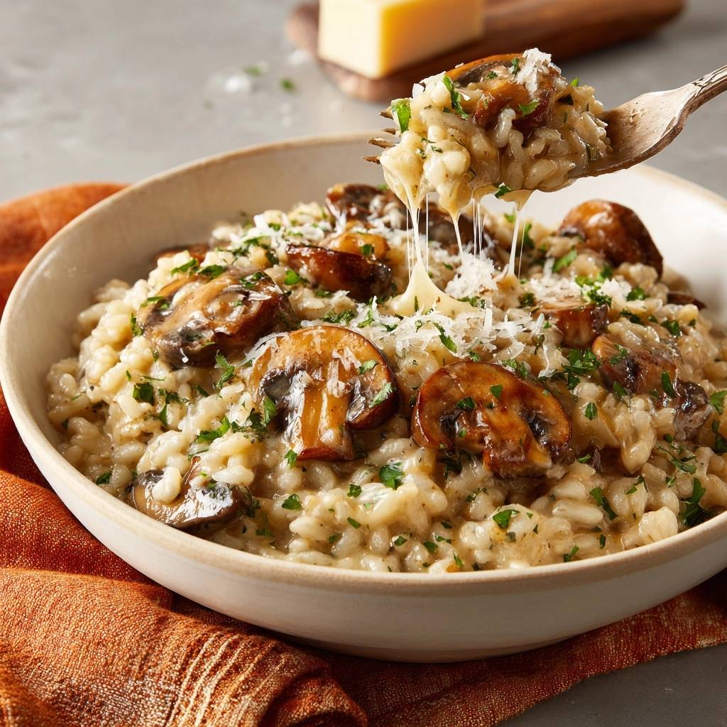 Creamy mushroom risotto with a forkful lifting to show melted cheese and sliced mushrooms.