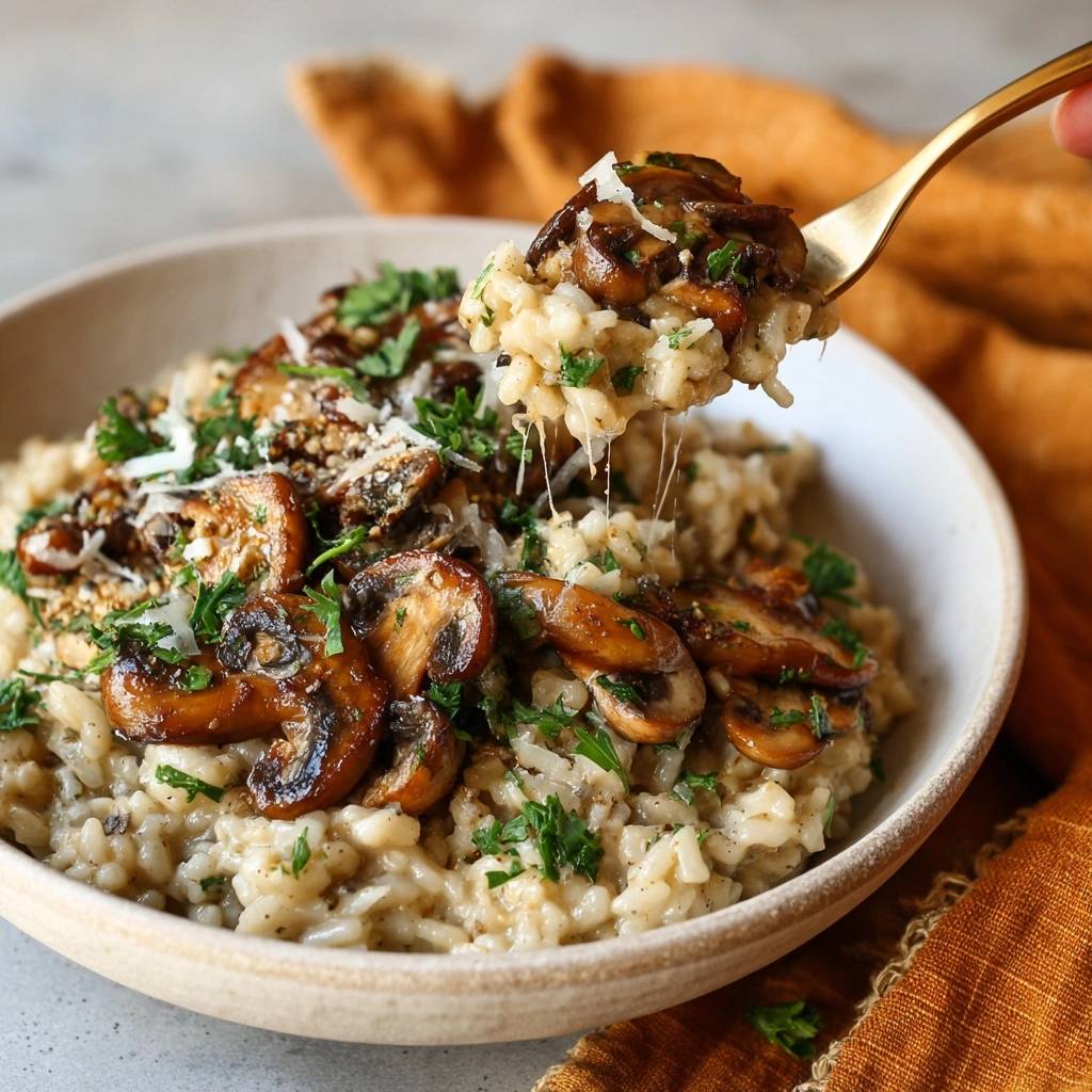 Creamy mushroom risotto being lifted with a spoon, showing a satisfying cheese pull and fresh parsley garnish.