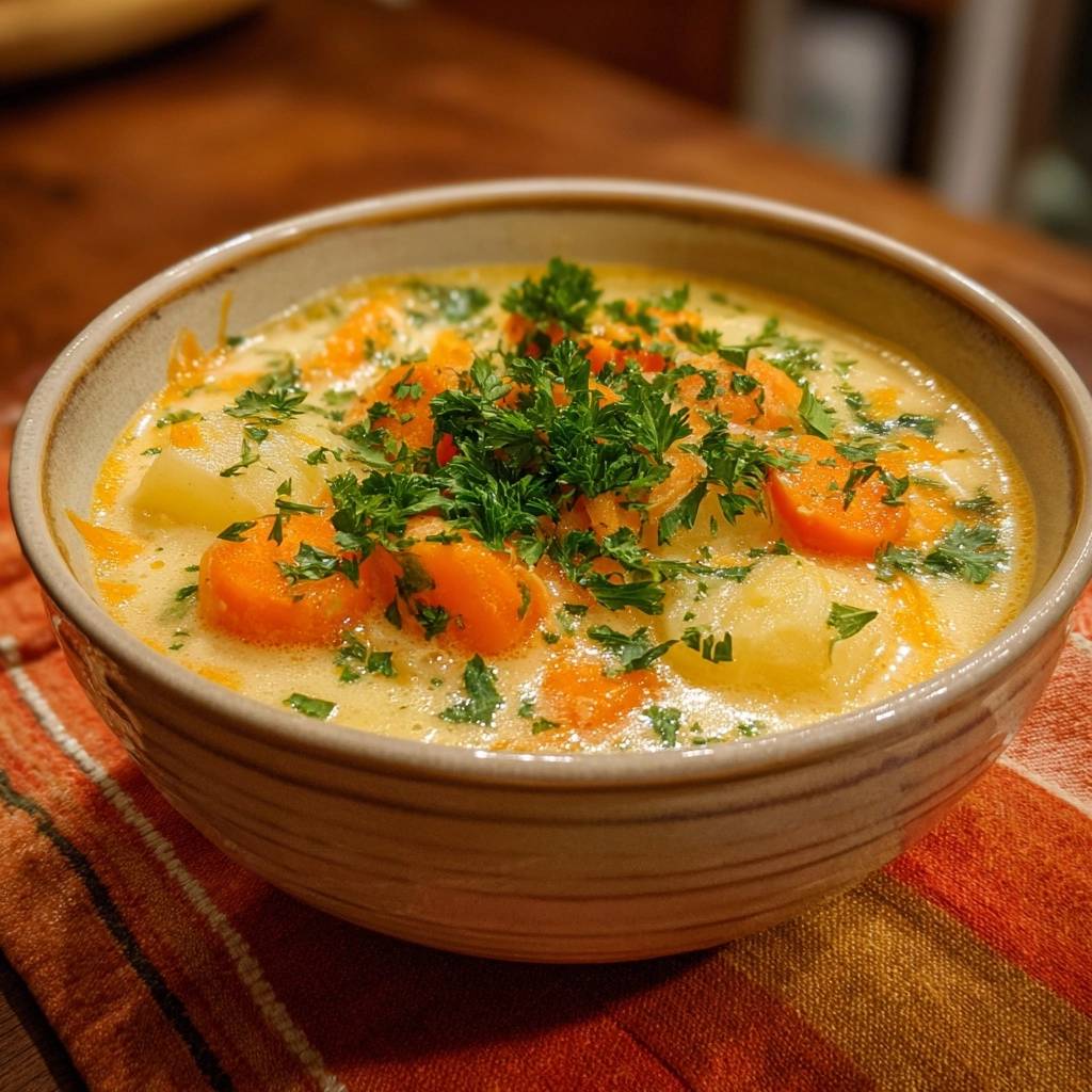Creamy potato carrot soup with a generous fresh parsley garnish in a rustic bowl.