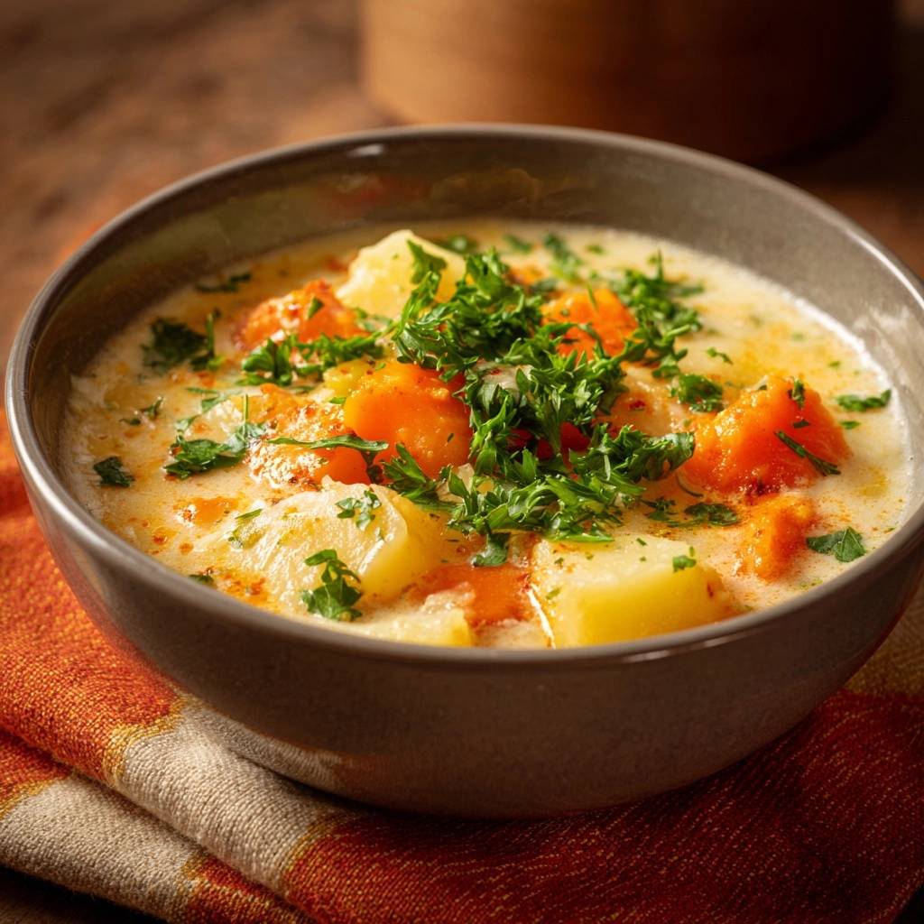 Creamy potato carrot soup garnished with fresh parsley in a rustic bowl, showcasing its thick, velvety texture.
