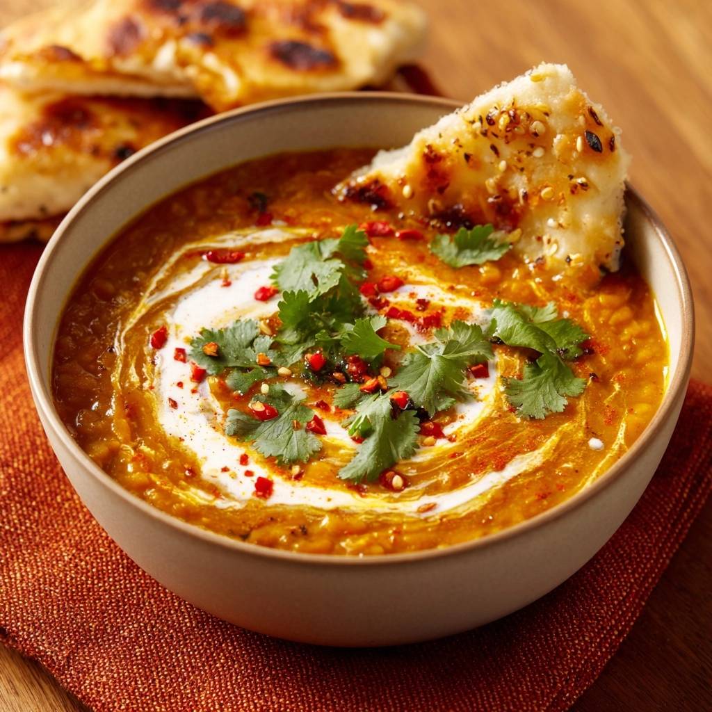 Creamy red lentil dal with garlic naan, garnished with fresh cilantro and chili flakes in a bowl.