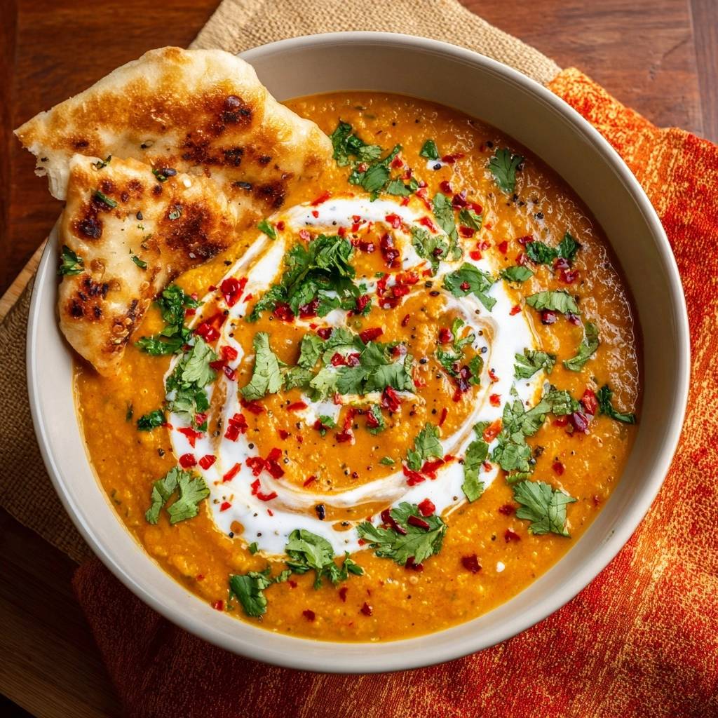 Creamy red lentil dal with garlic naan, garnished with cilantro and chili flakes, presented in a bowl with a swirl of cream.
