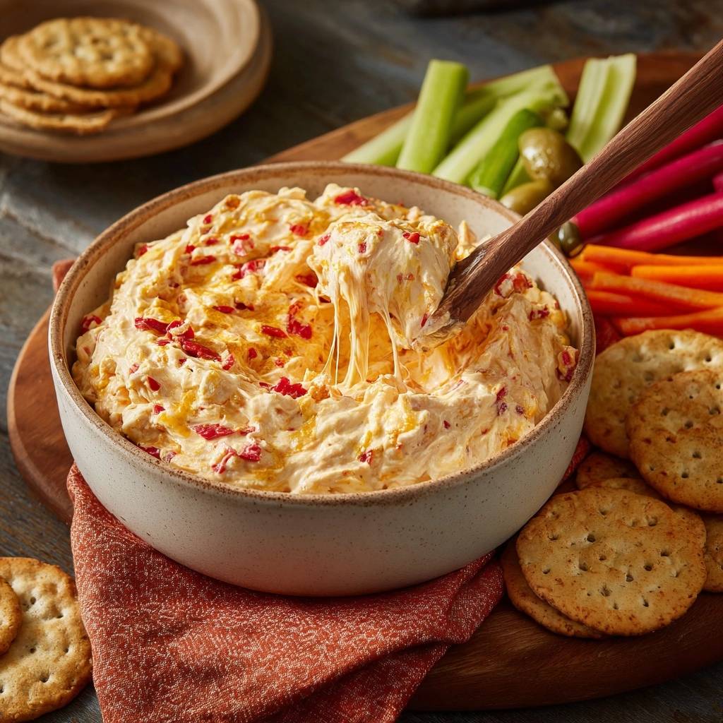 Creamy roasted red pepper dip shown with a wooden spoon pulling a stringy, cheesy strand from the rich mixture.