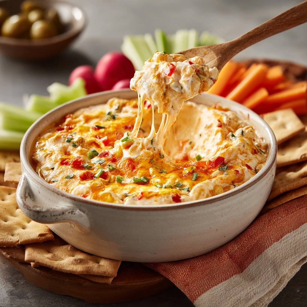 Creamy roasted red pepper dip with a cheesy pull shown on a wooden spoon, served with crackers and vegetables.