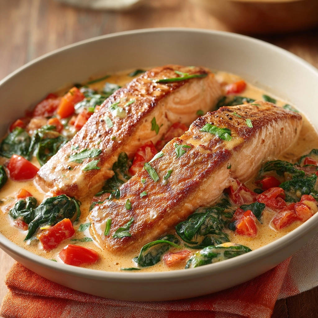 Creamy Tuscan Salmon served with a rich sauce, spinach, and tomatoes, showcasing the tender fish and vibrant ingredients.