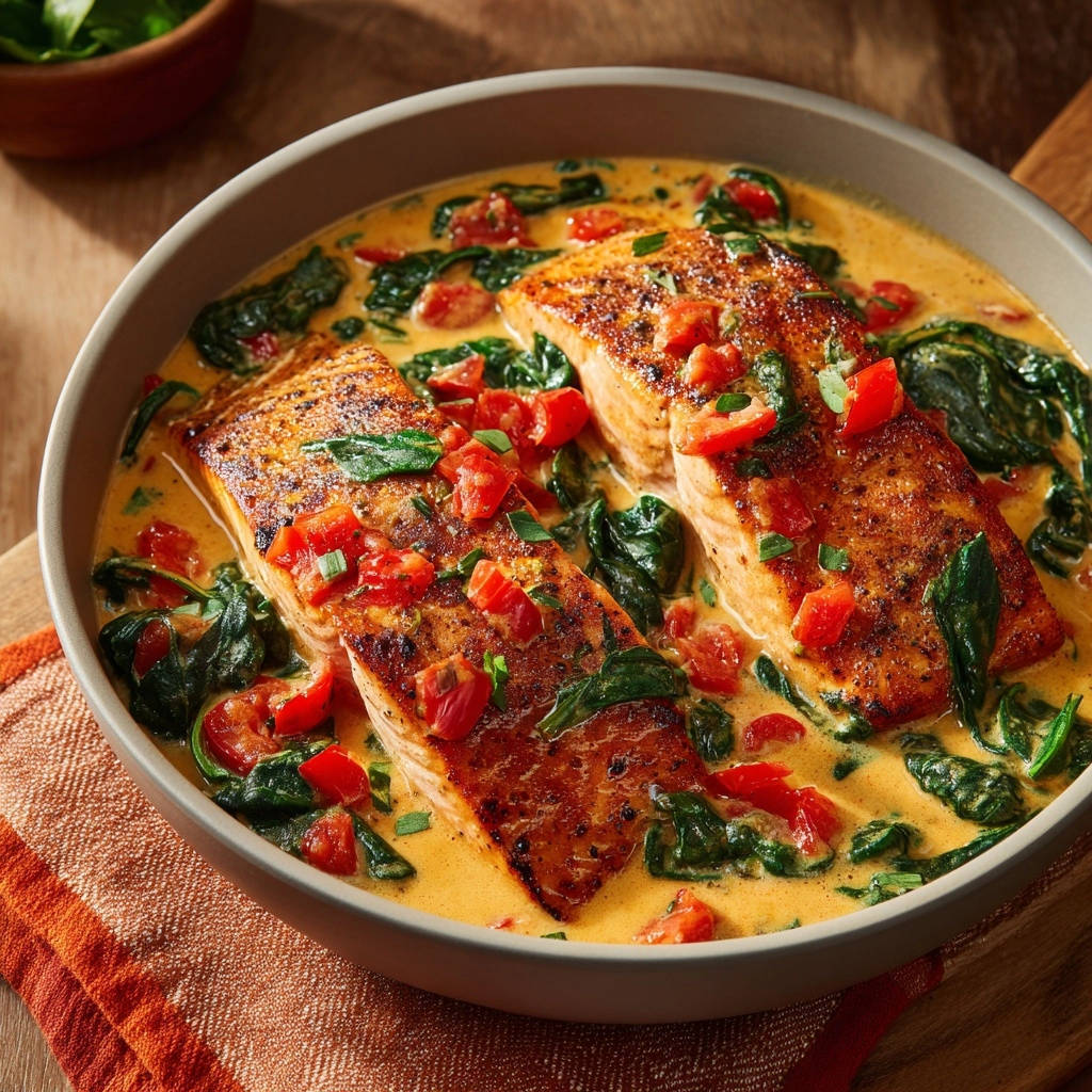 Creamy Tuscan Salmon featuring two tender fillets nestled in a rich sauce with spinach and tomatoes.