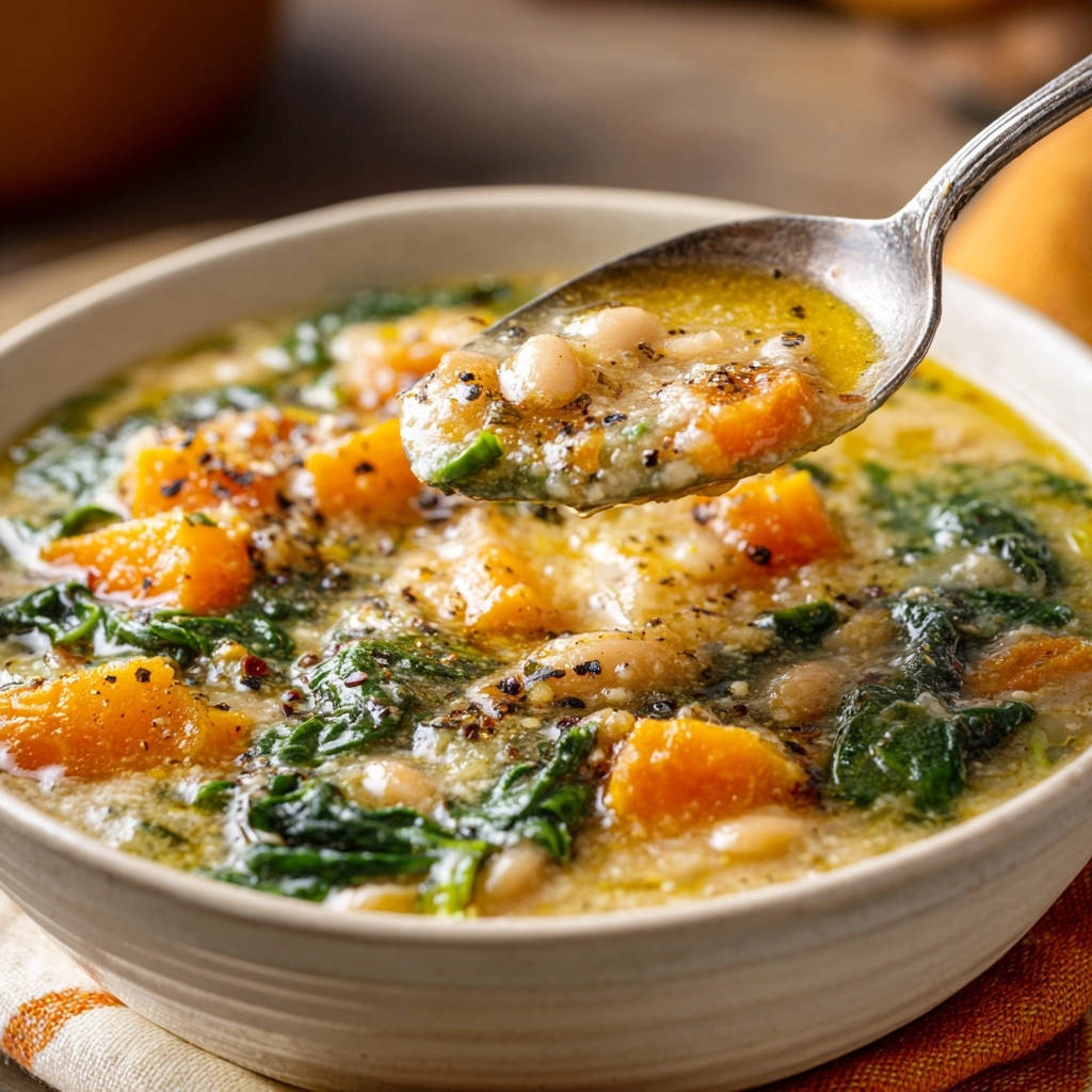 Creamy Tuscan white bean and butternut stew shown in a close-up spoonful, highlighting the stew's hearty texture and ingredients.