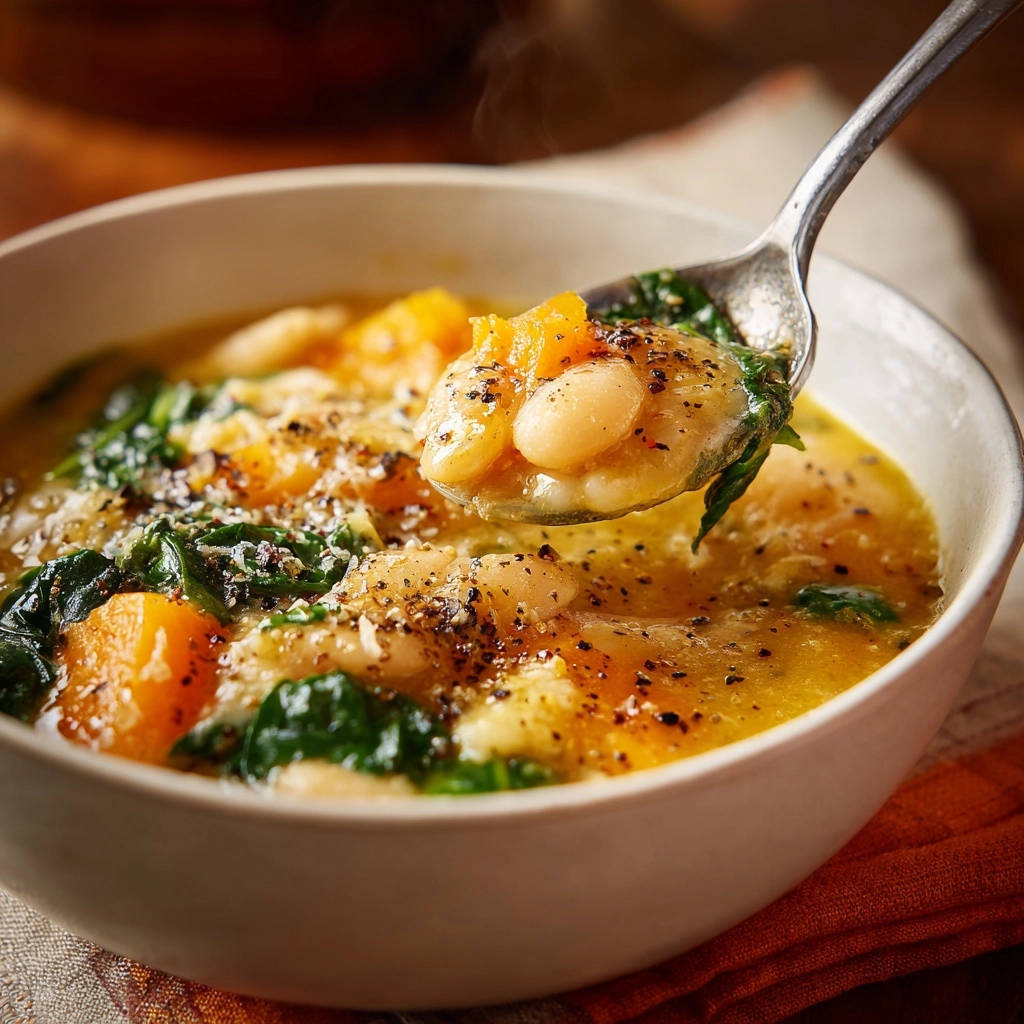 Creamy Tuscan white bean and butternut stew shown in a close-up spoonful detail, with visible beans, spinach, and squash.