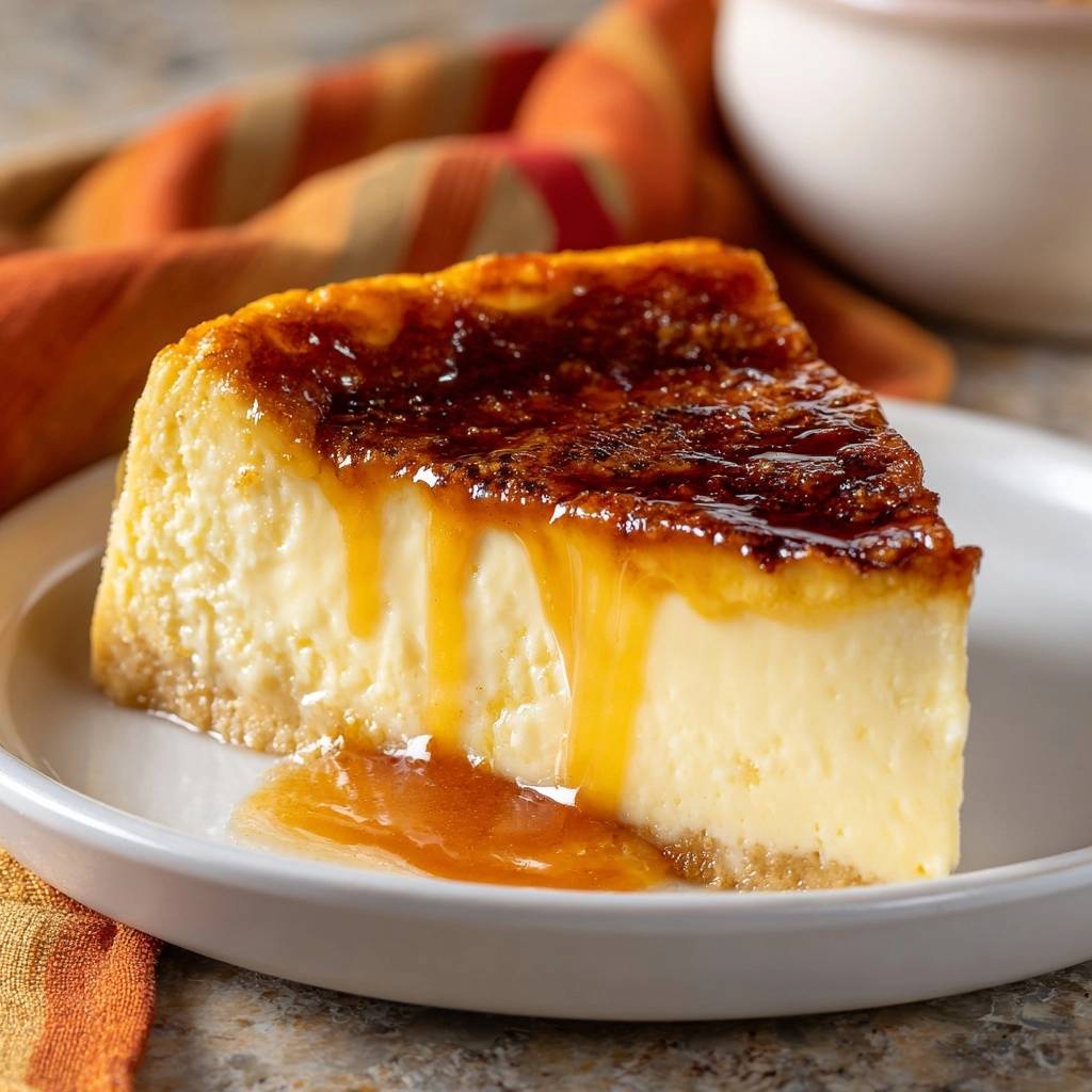Creme brulee cheesecake slice with a rich caramel drizzle flowing down the side and a torched top.