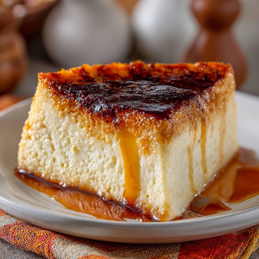 Creme brulee cheesecake slice with a rich caramel drizzle cascading down its side on a white plate.