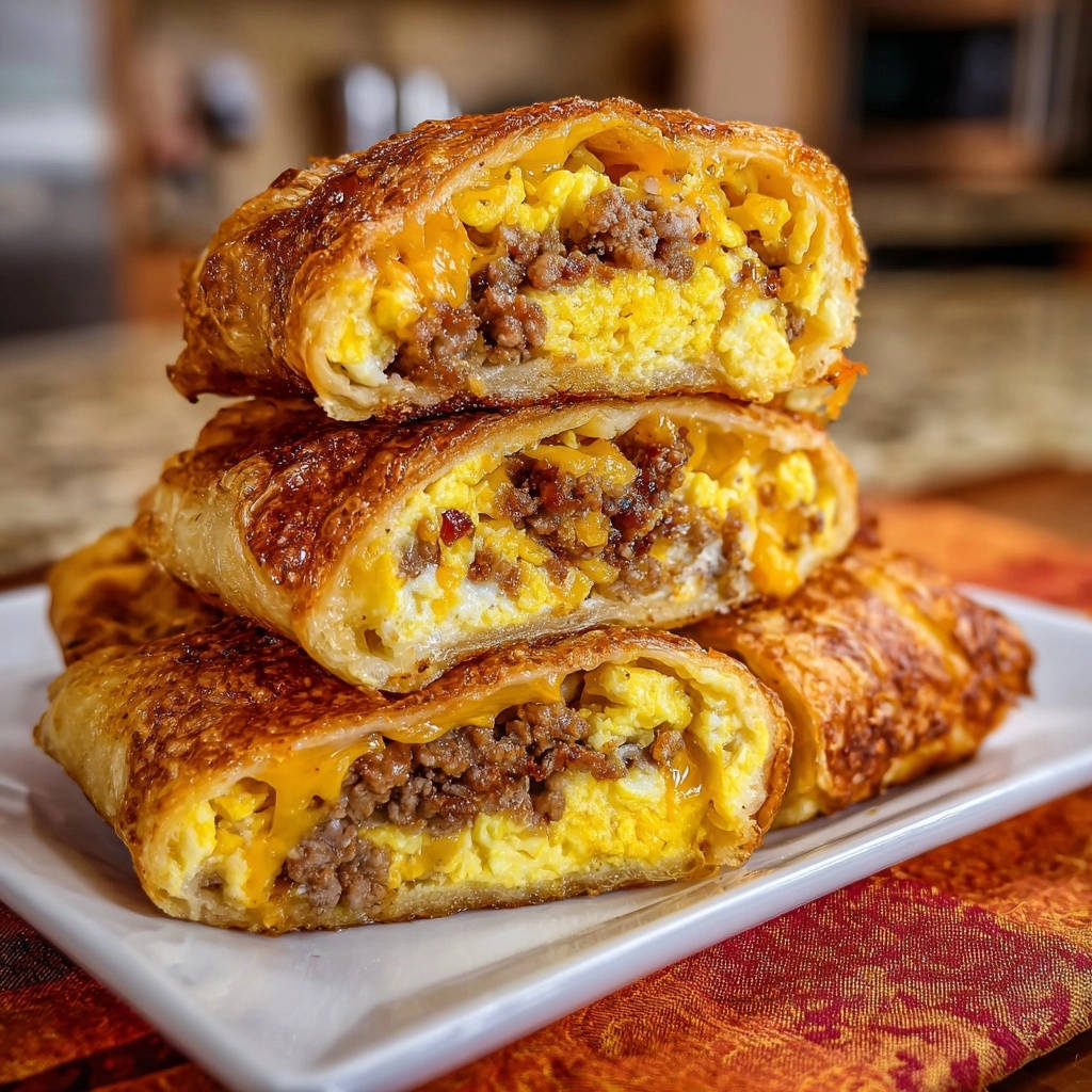 Crispy breakfast rolls cross-section stack showing sausage, scrambled eggs, and melted cheese filling.