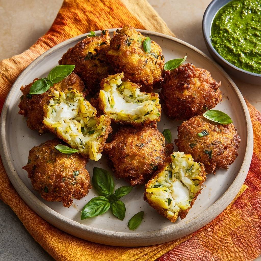 Crispy cheesy zucchini fritters shown in a close-up cross-section, revealing their tender interior and golden-brown coating.