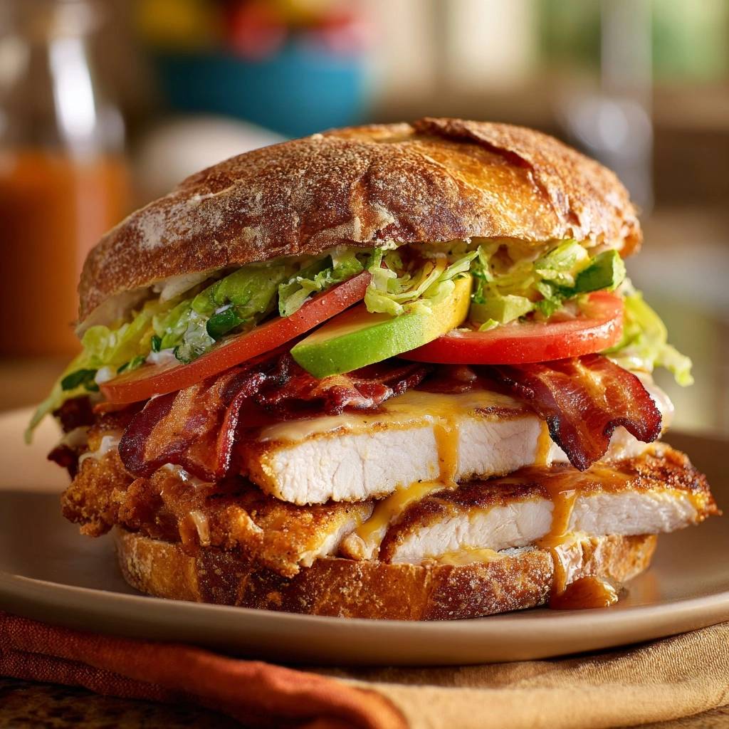 Crispy chicken bacon avocado club recipe shown in a close-up cross-section revealing layers of chicken, bacon, avocado, and tomato.