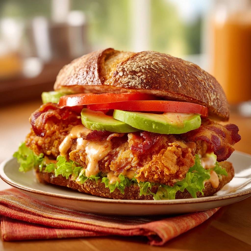 Crispy chicken bacon avocado club recipe shown in a side view, highlighting the layers of ingredients.