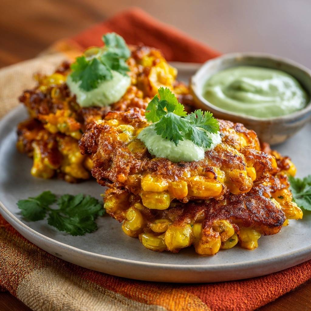 Crispy corn fritters that hold together perfectly, served plated with a dollop of green sauce and cilantro.