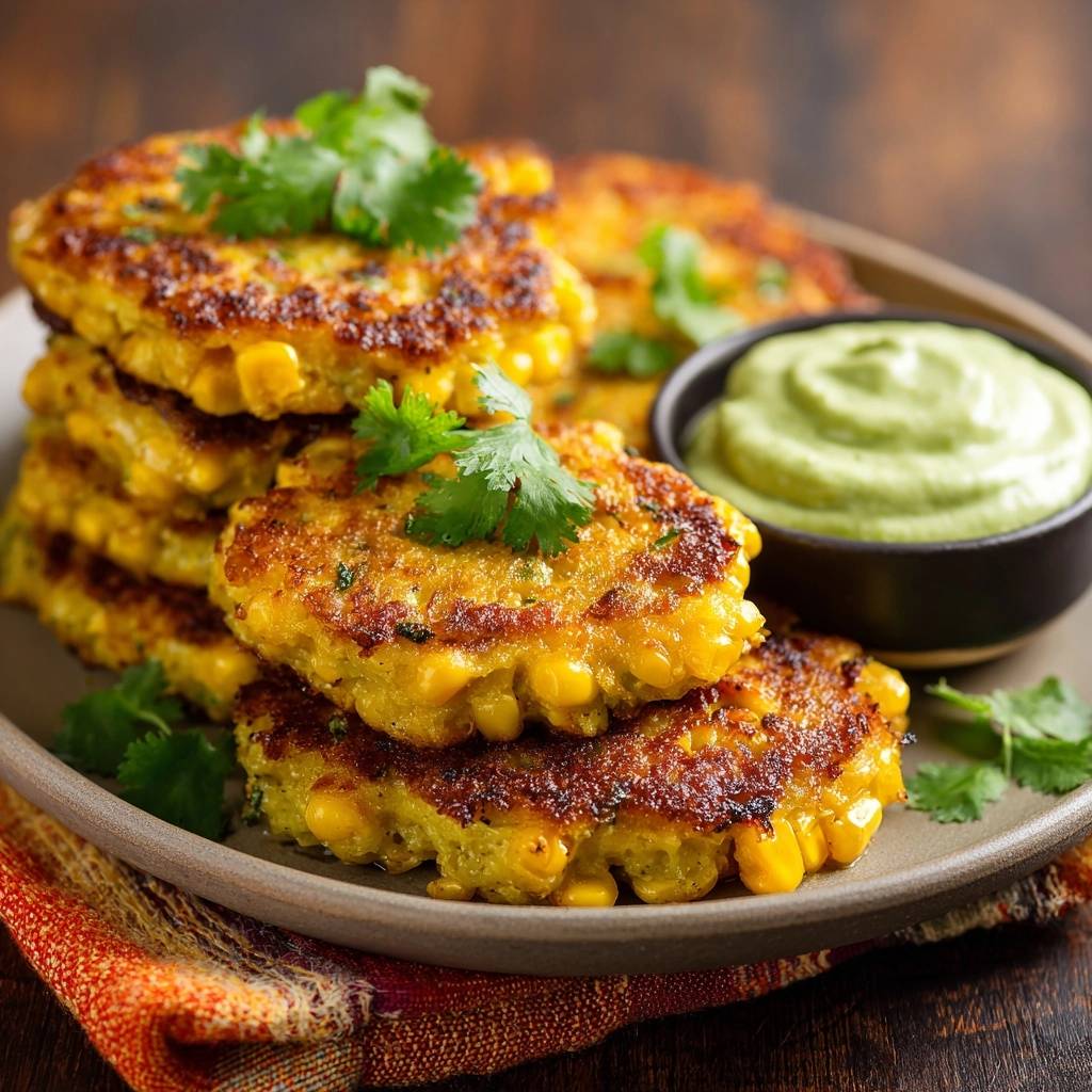 Crispy corn fritters stacked high on a plate, served with a creamy green dipping sauce and garnished with cilantro.