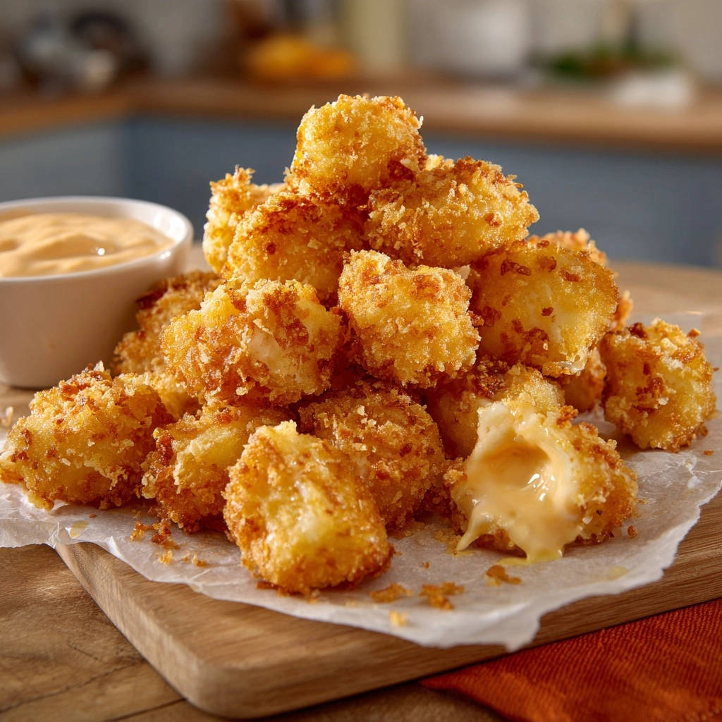 Crispy fried cheese bites with a gooey interior revealed in a close-up cross-section view.