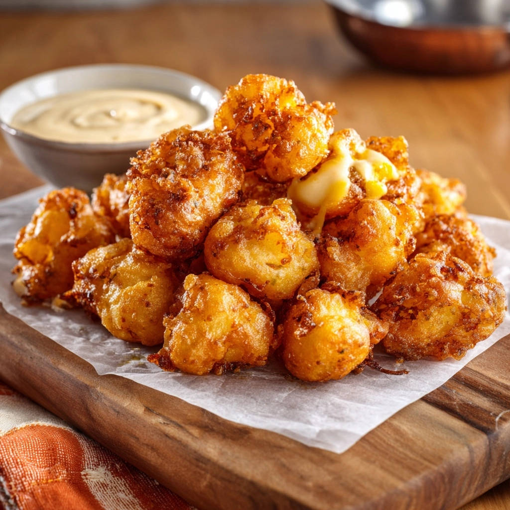 Crispy fried cheese bites with a gooey melted interior, showcasing a close-up detail of the cheesy goodness.