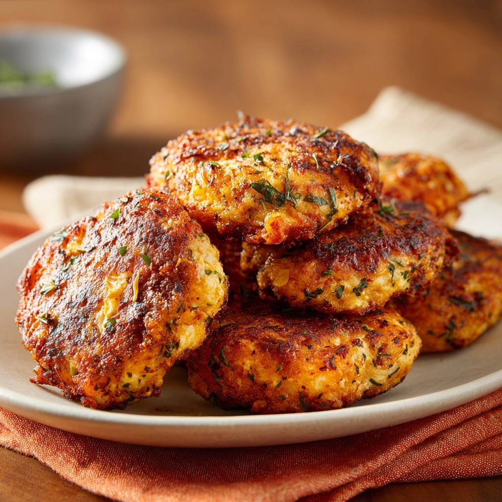 Crispy pan-fried fish cakes stacked on a white plate, garnished with fresh herbs.