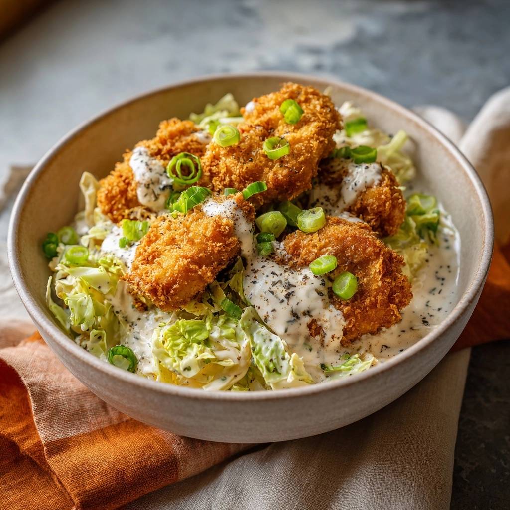Crispy panko chicken cabbage bowl recipe shown in a close-up view with creamy dressing and green onions.