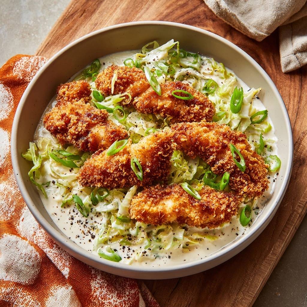 Crispy panko chicken cabbage bowl shown in a neutral bowl from an overhead perspective, garnished with green onions.