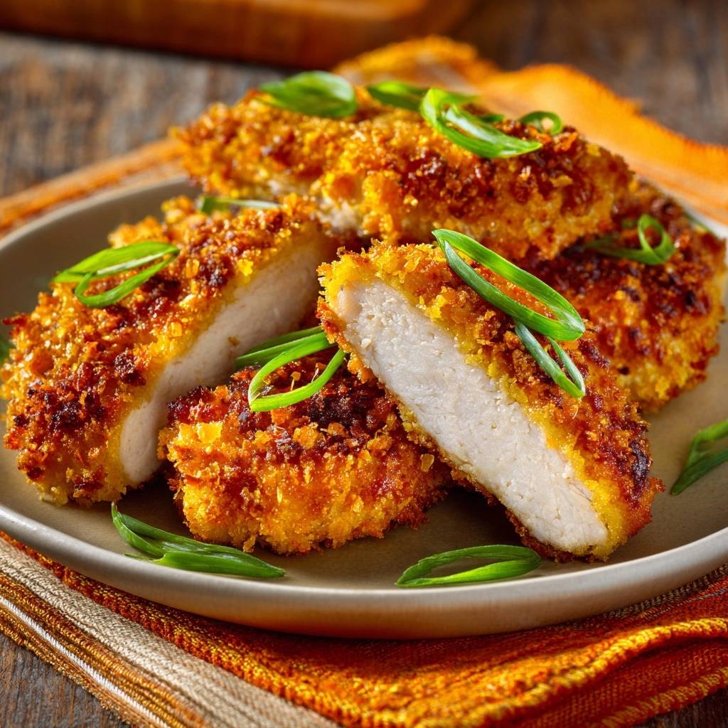 Crispy panko chicken tenders shown in a close-up cross-section revealing a juicy interior and golden crust.