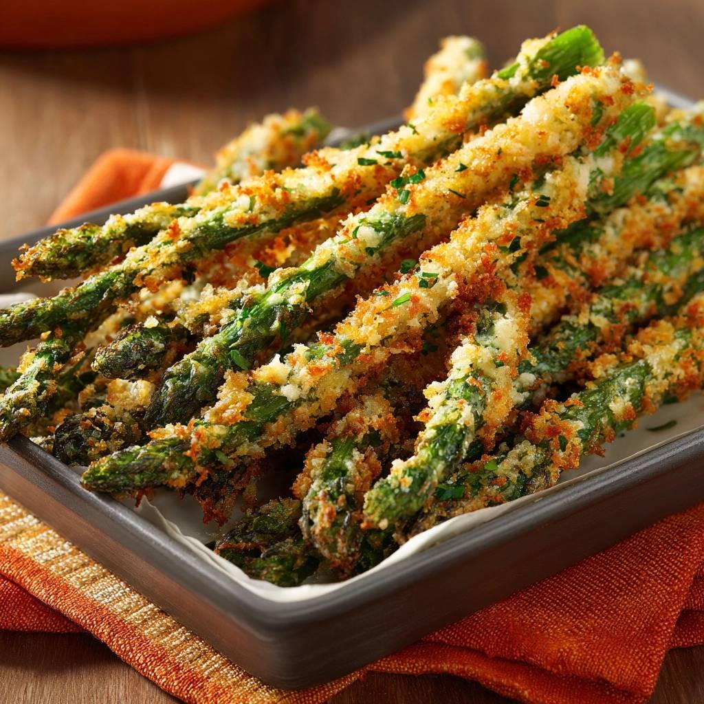 Crispy Parmesan Asparagus Fries, a close-up view showing the golden breadcrumb coating on the baked asparagus spears.