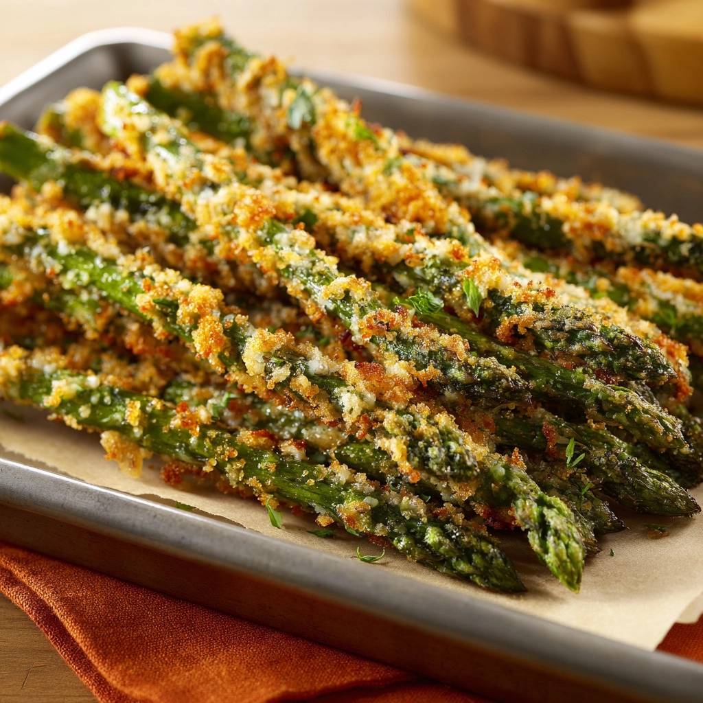 Crispy Parmesan Asparagus Fries shown in a close-up view highlighting their breaded texture and green stalks.