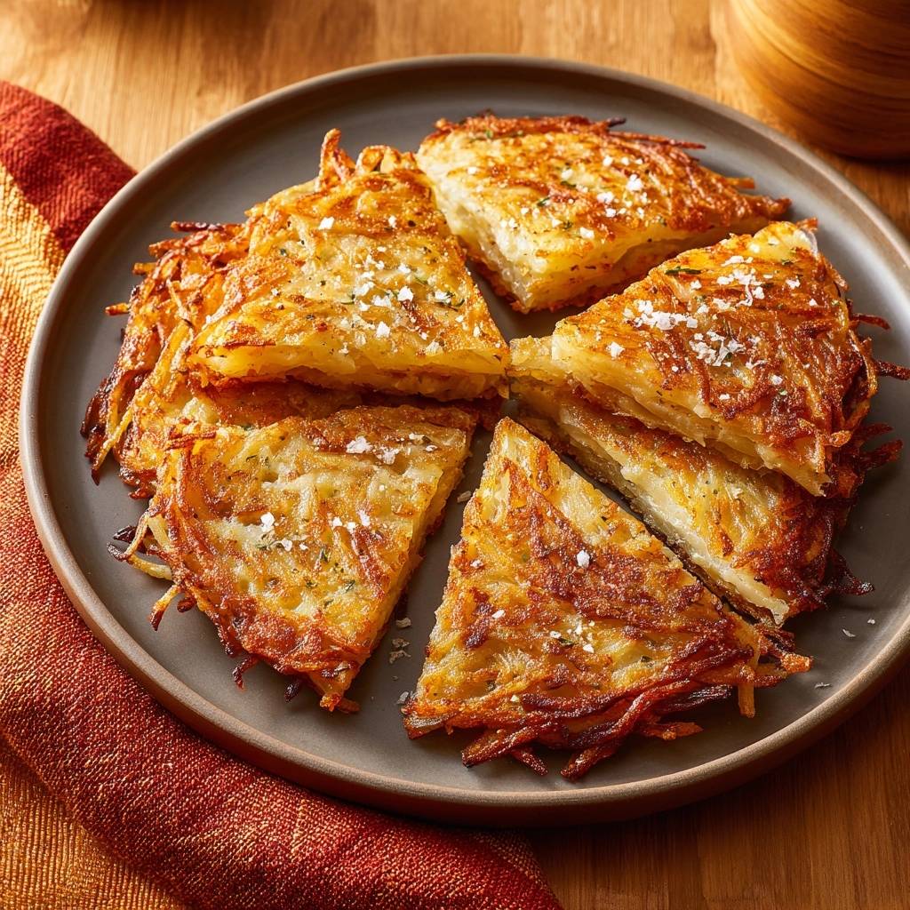 Crispy potato latkes sliced into wedges on a plate, showcasing their layered, shredded texture and golden-brown edges.