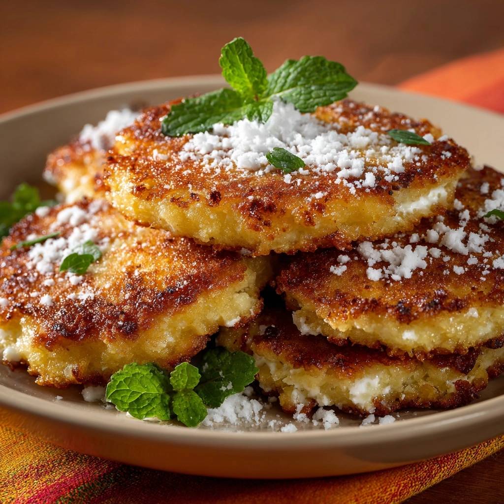 Crispy powdered sugar fried cheese squares presented in a close-up stack, showcasing their golden exterior and soft filling.