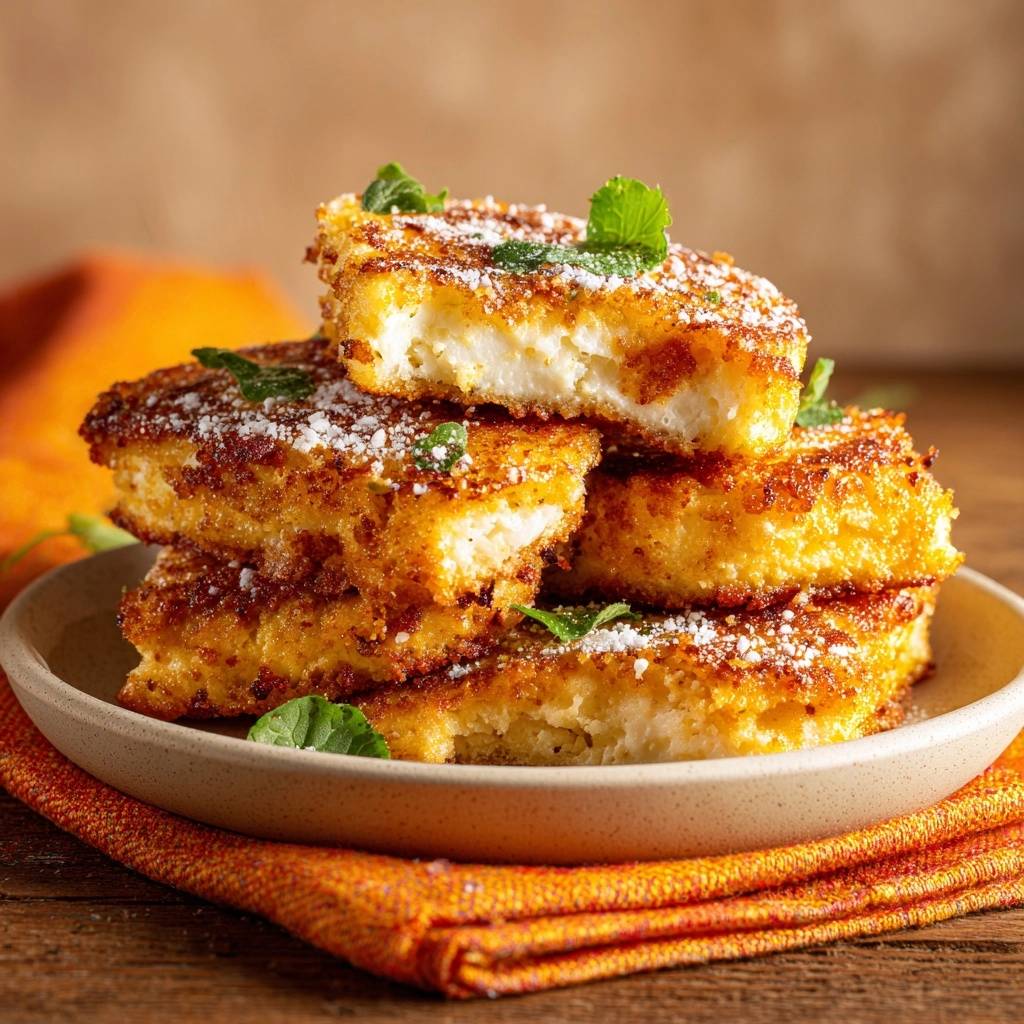 Crispy powdered sugar fried cheese squares, with a close-up view revealing the fluffy interior and golden-brown crust.